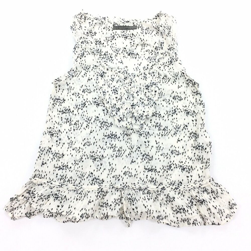 Zara Basic Top Size Small Lightweight Cream Black Leafs Sleeveless Ruffle Blouse